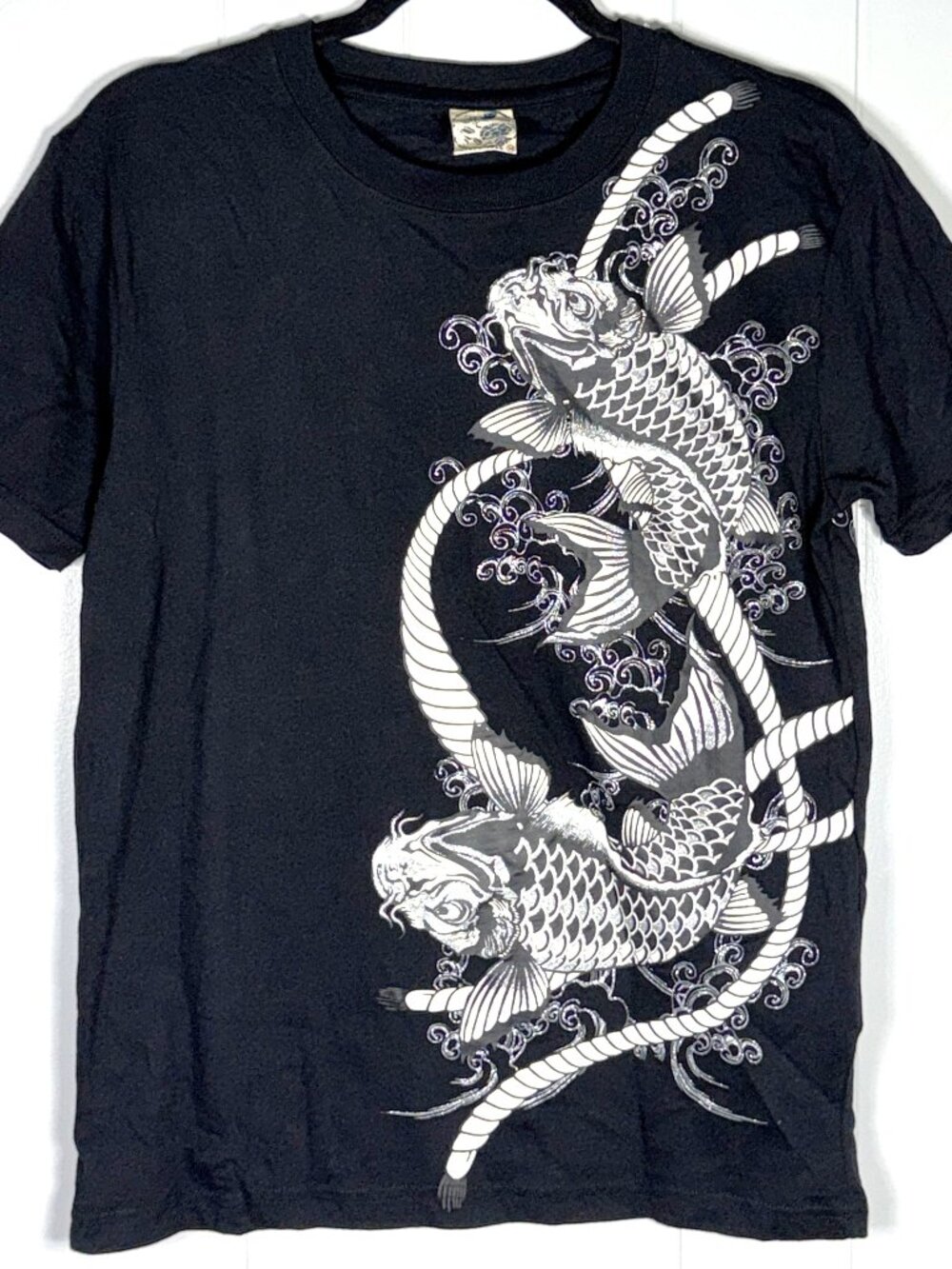 Japanese Sakajan Cure All Koi Fish Black White Silver Glitter T-Shirt Tee Mens M